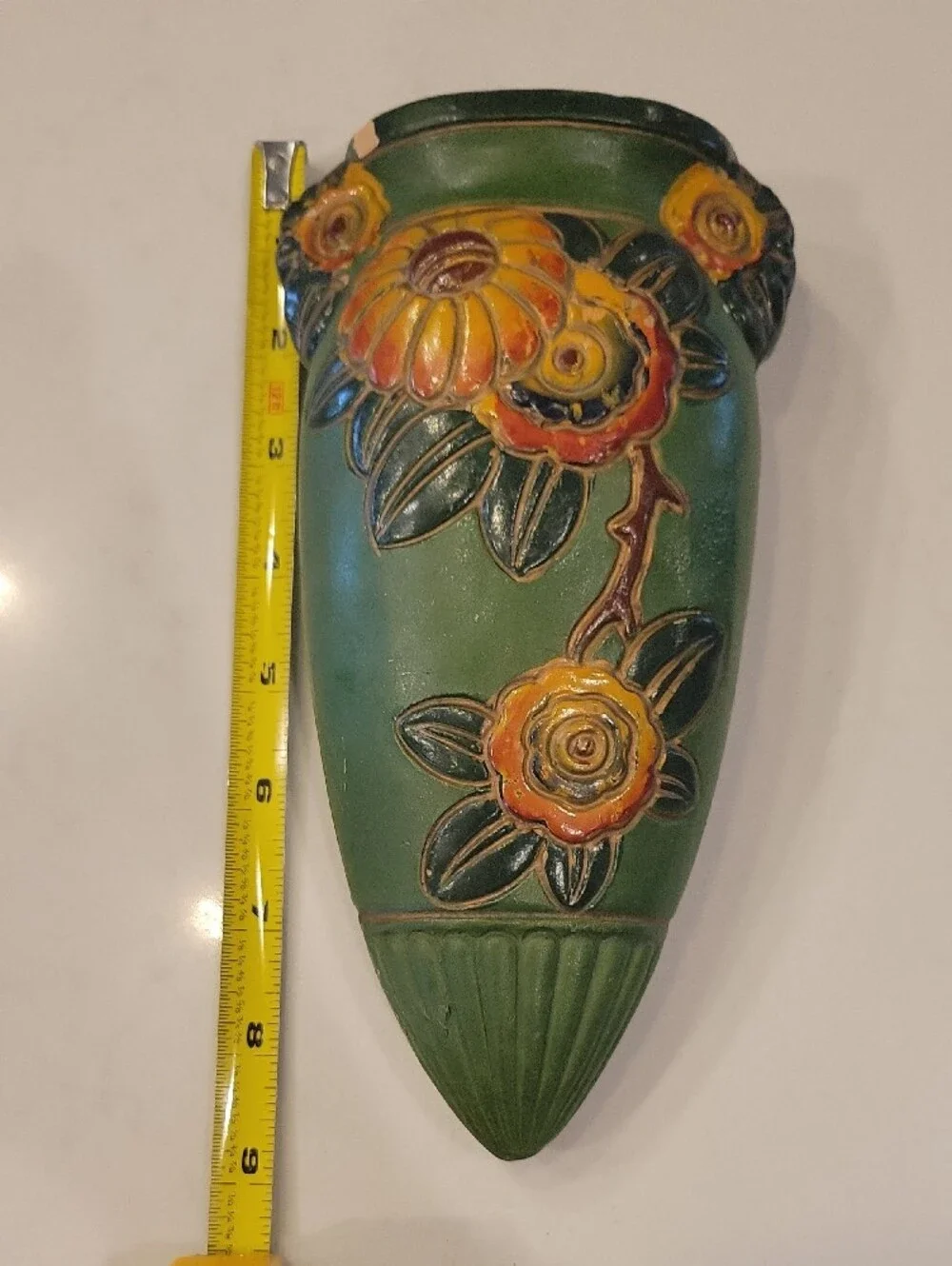 Vintage Green Floral Wall Pocket Vase with Raised Yellow Flowers